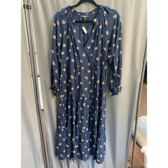 Madewell Challis Midi Dress Women's Small Navy Floral V-Neck Ruffle Flowy B95 - Picture 3 of 8